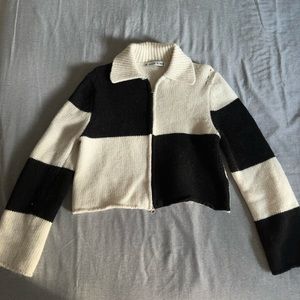 Double Zip Up Cardigan in Ivory & Black